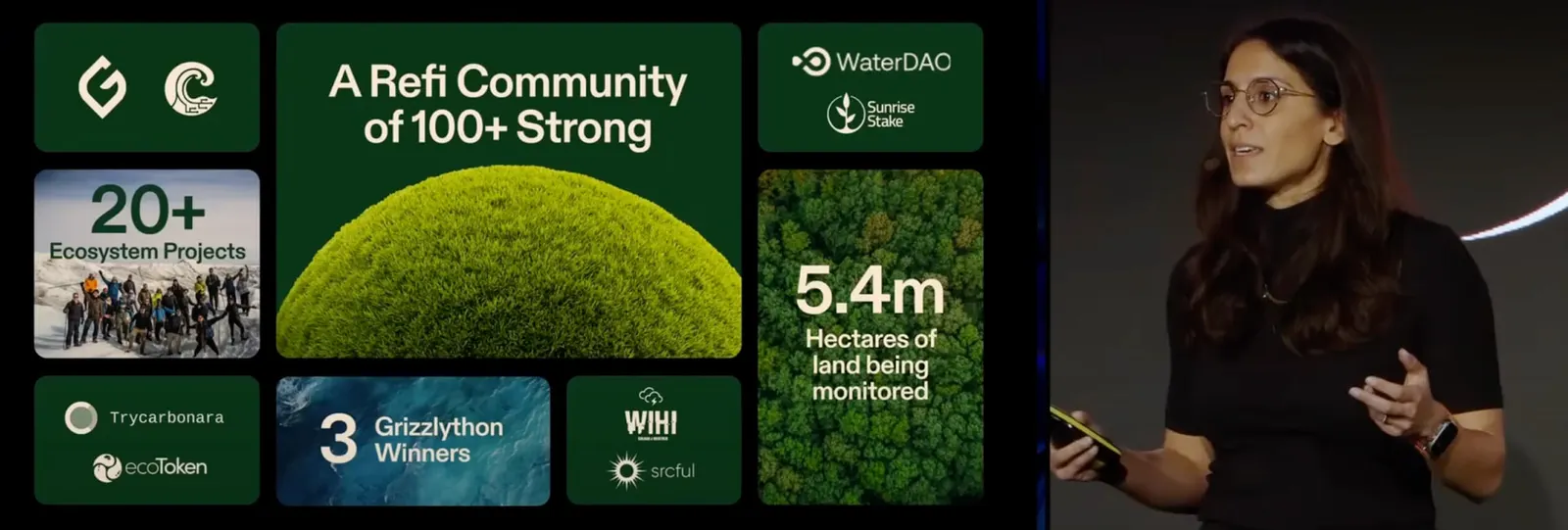 Solana Impact community overview and a speaker on stage